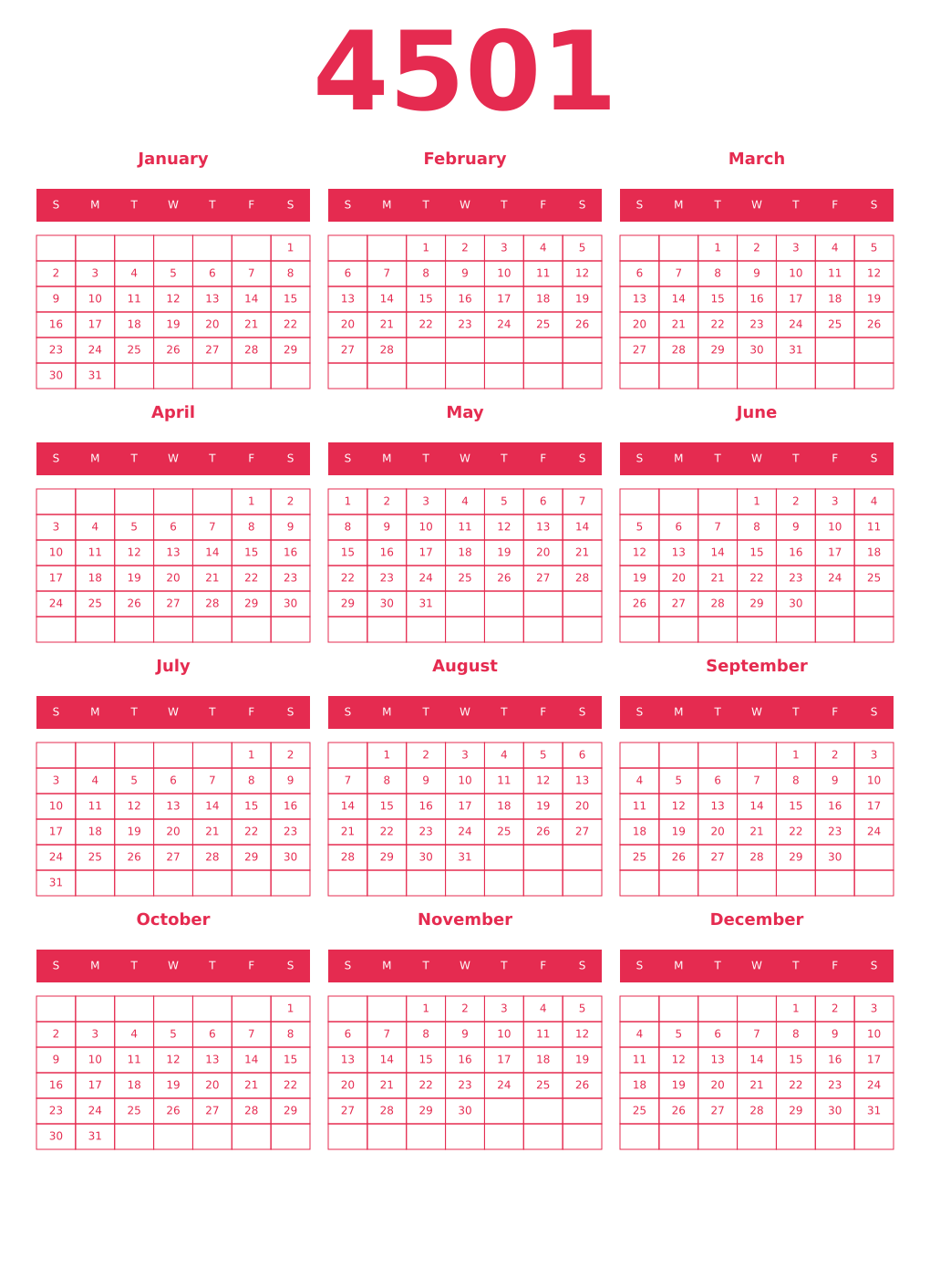Printable 4501 Year Calendars amaranth
