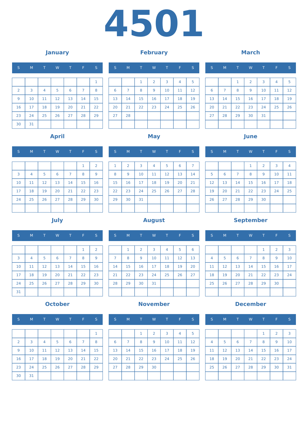 Printable 4501 Year Calendars blue