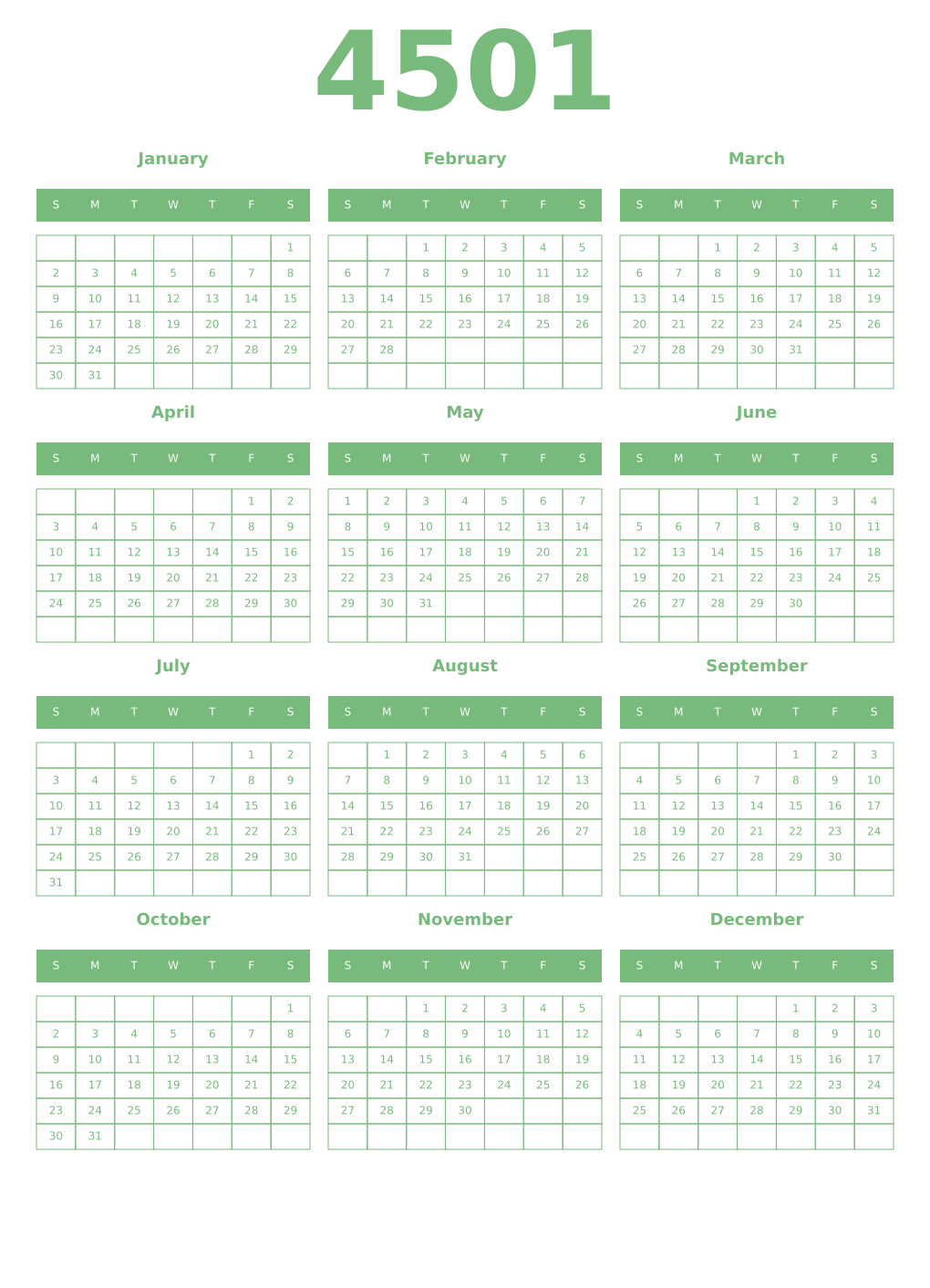 Printable 4501 Year Calendars celadon
