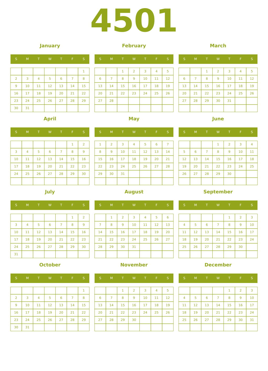 Printable 4501 Year Calendars chartreuse