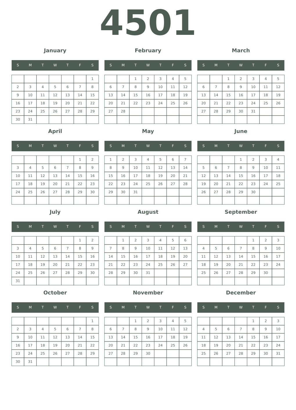 Printable 4501 Year Calendars feldgrau