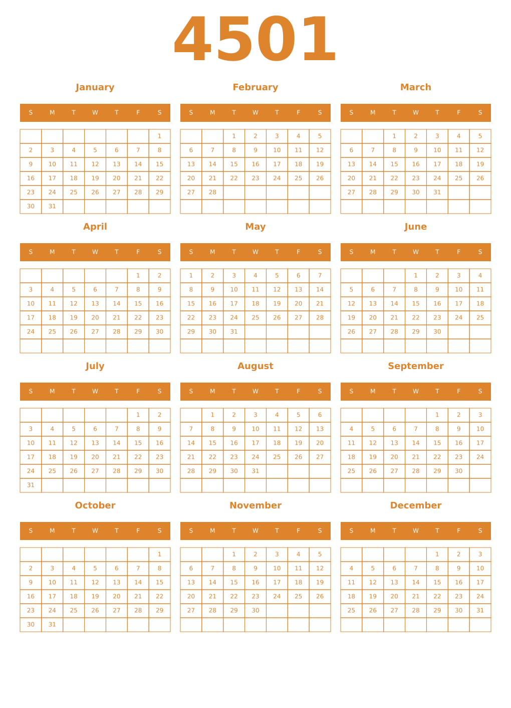 Printable 4501 Year Calendars orange