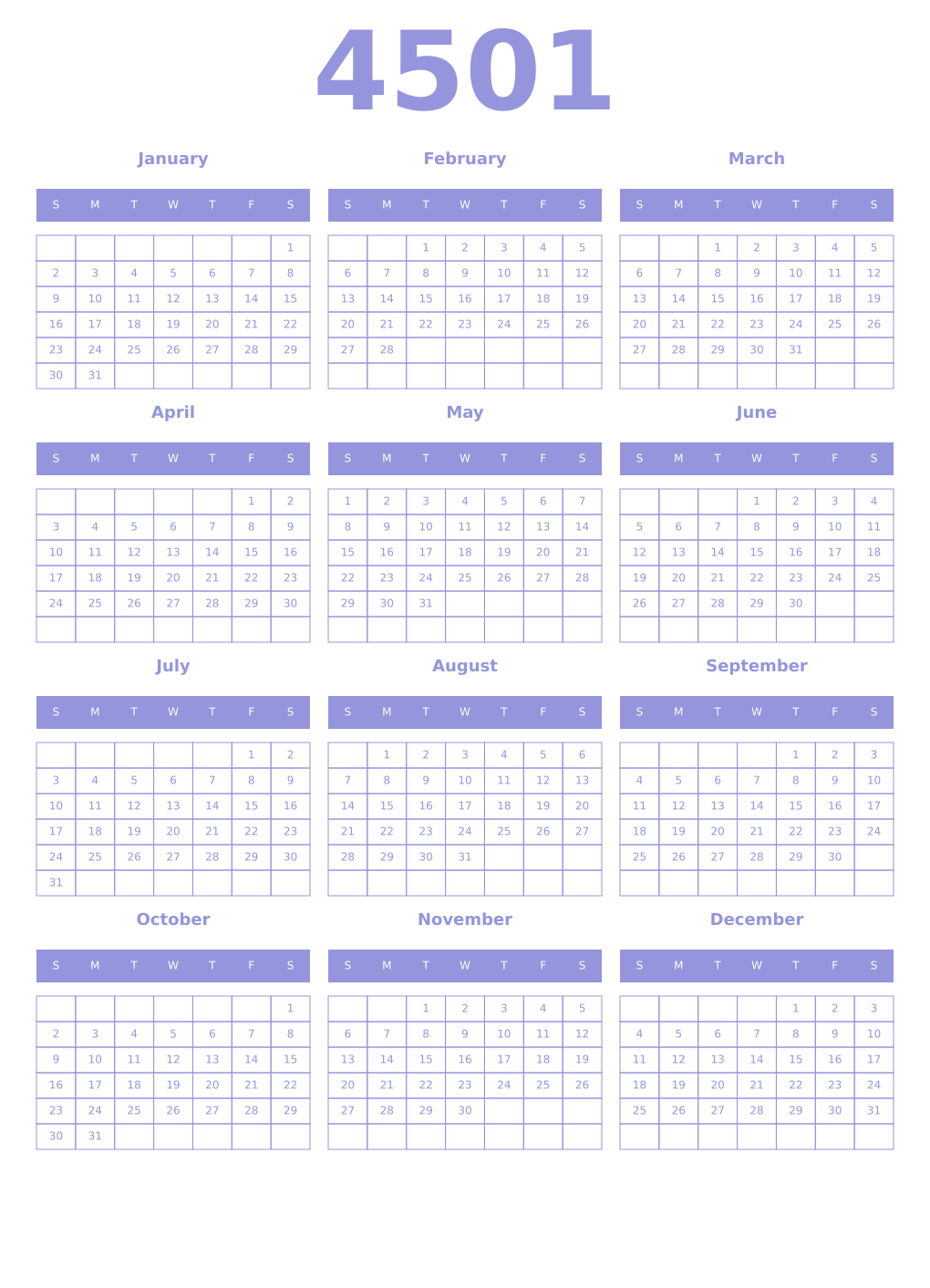 Printable 4501 Year Calendars periwinkle