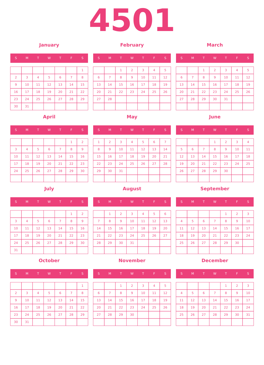 Printable 4501 Year Calendars pink