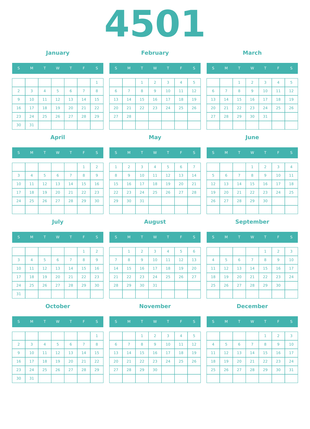 Printable 4501 Year Calendars verdigris