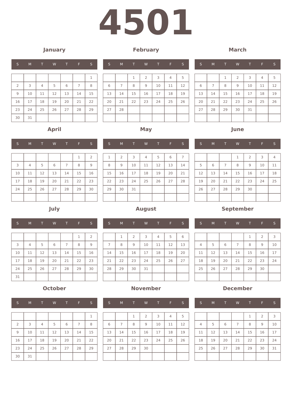 Printable 4501 Year Calendars wenge