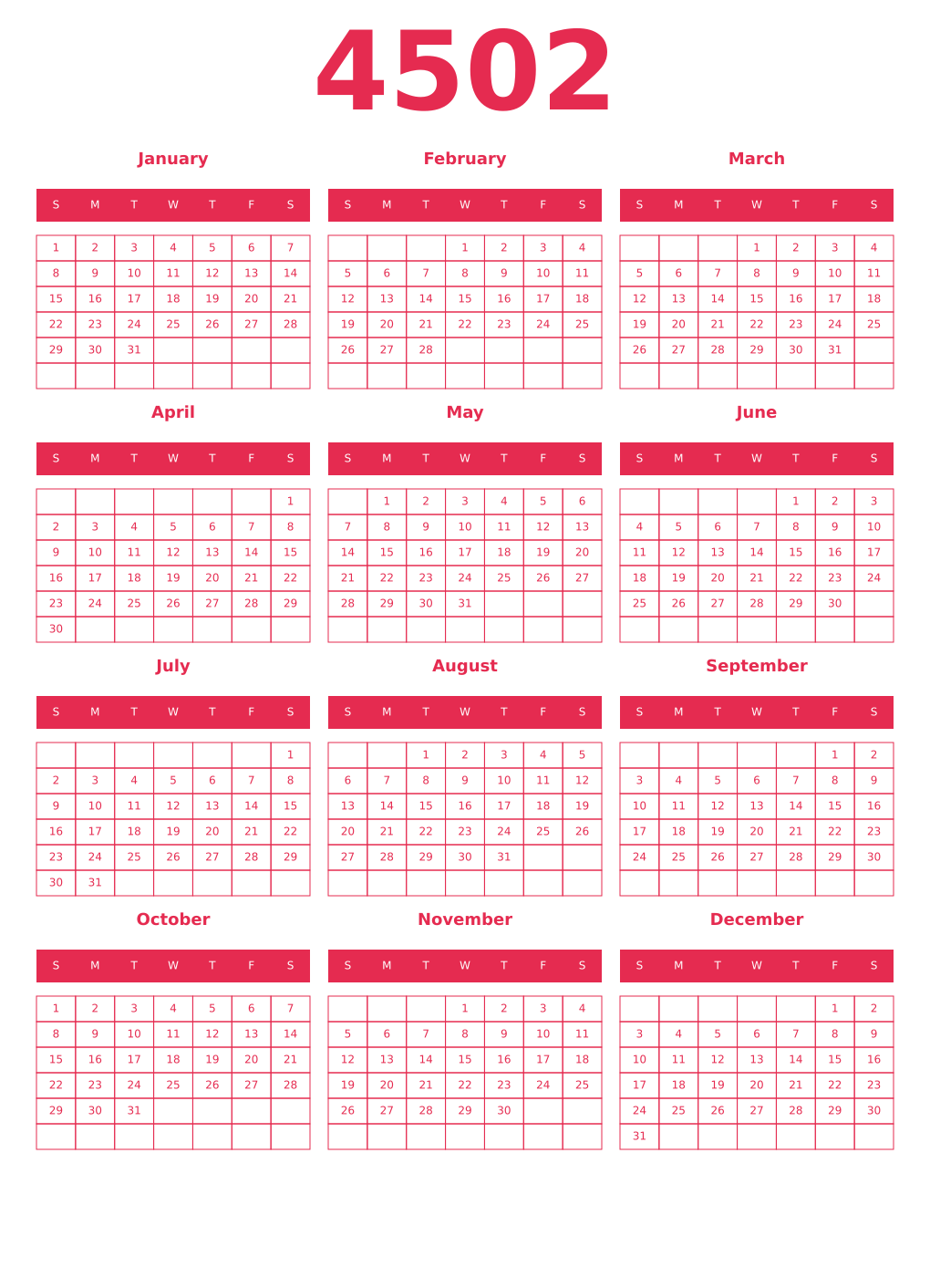 Printable 4502 Year Calendars amaranth