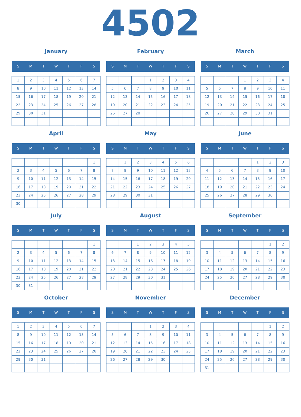 Printable 4502 Year Calendars blue