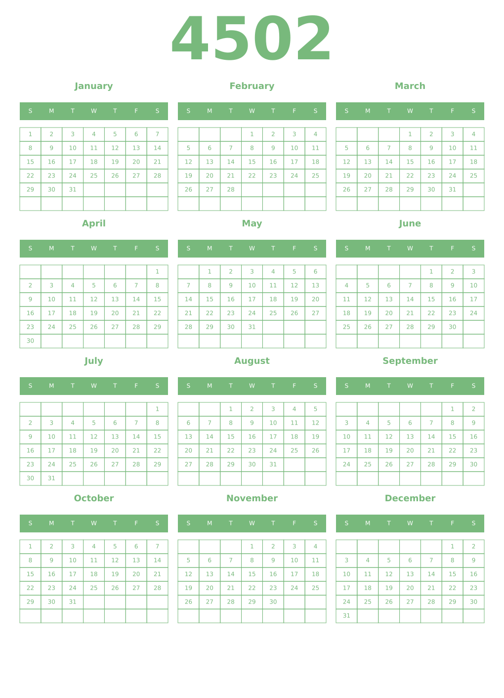 Printable 4502 Year Calendars celadon