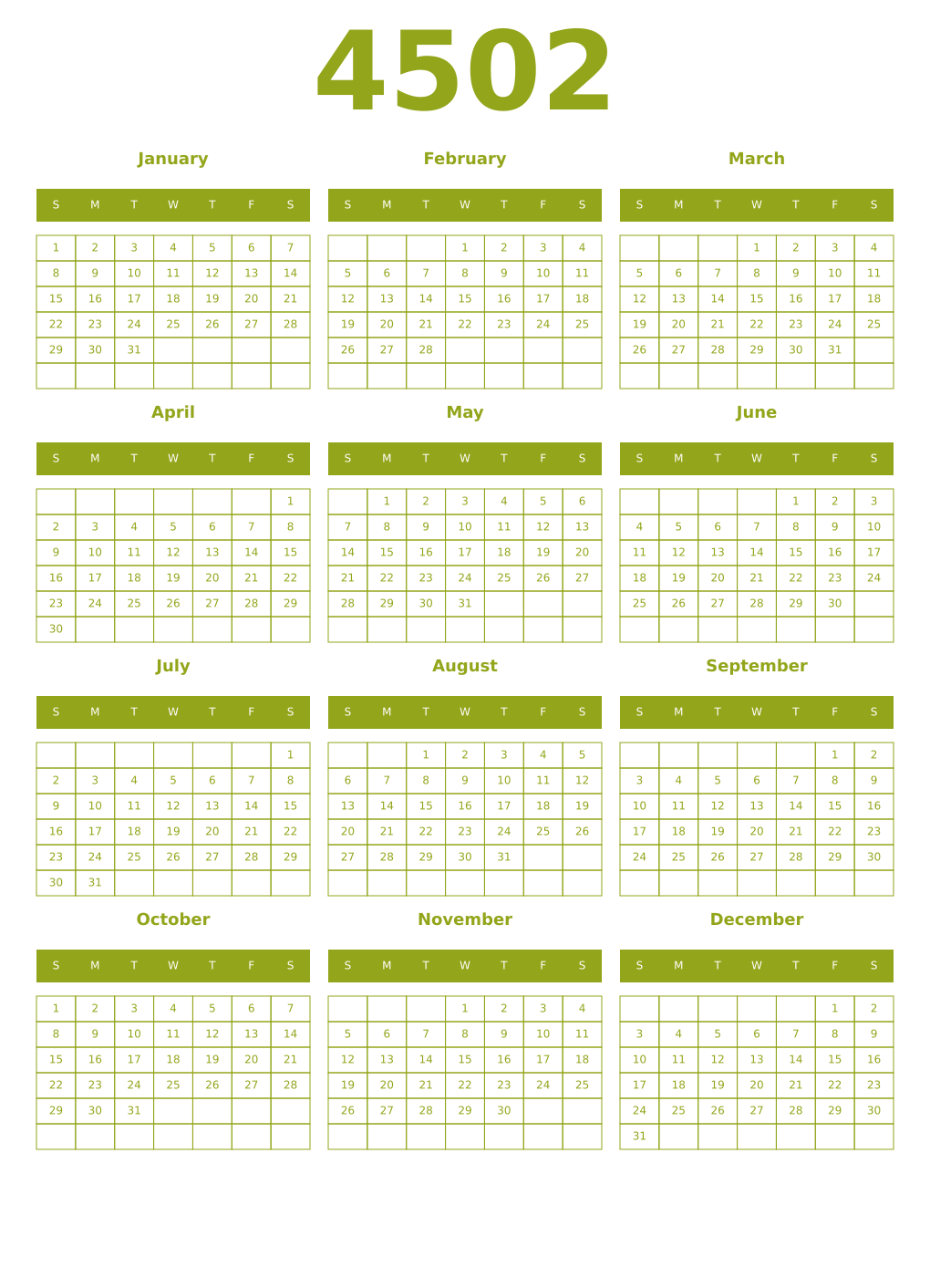 Printable 4502 Year Calendars chartreuse