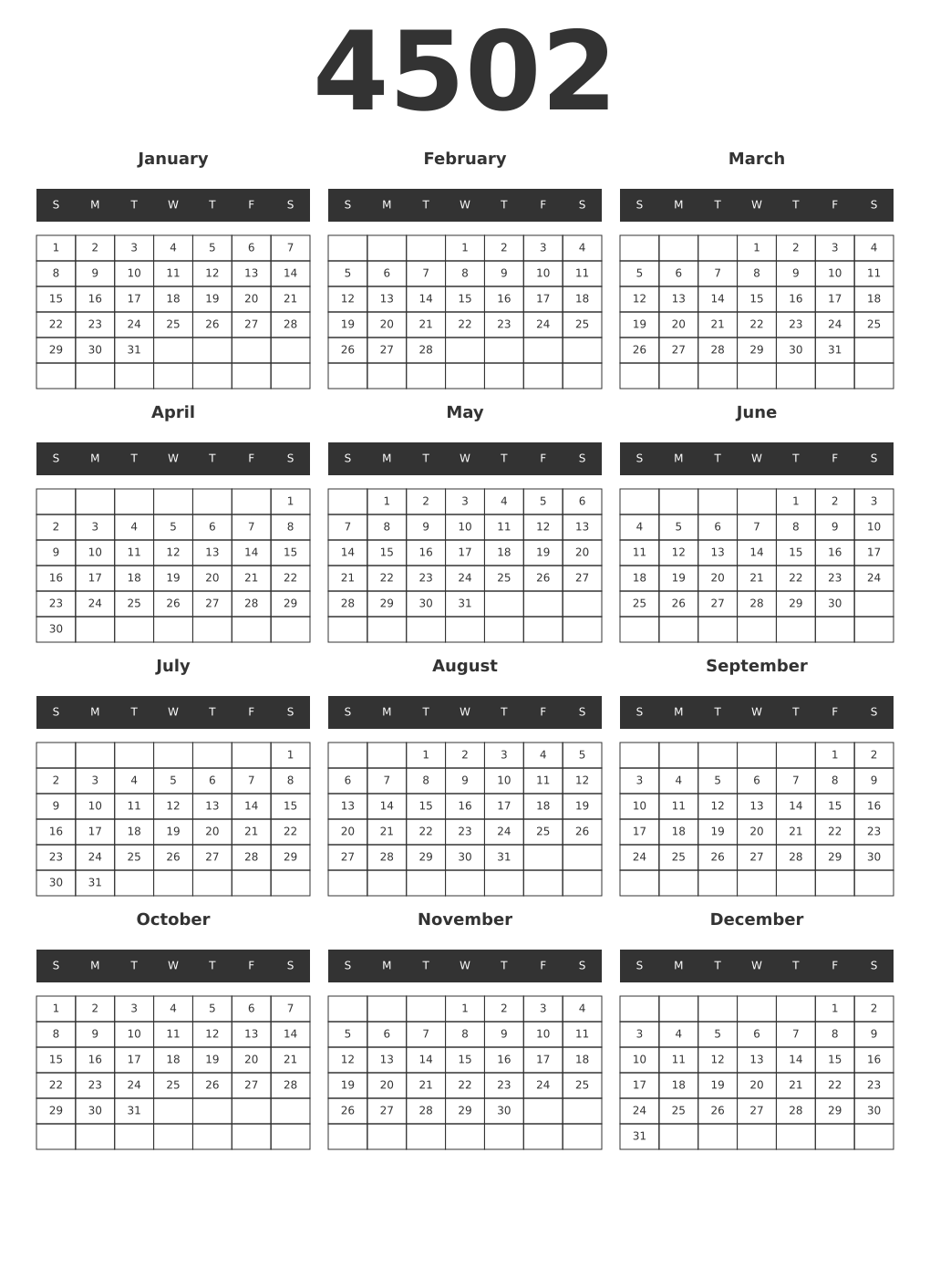 Printable 4502 Year Calendars dark