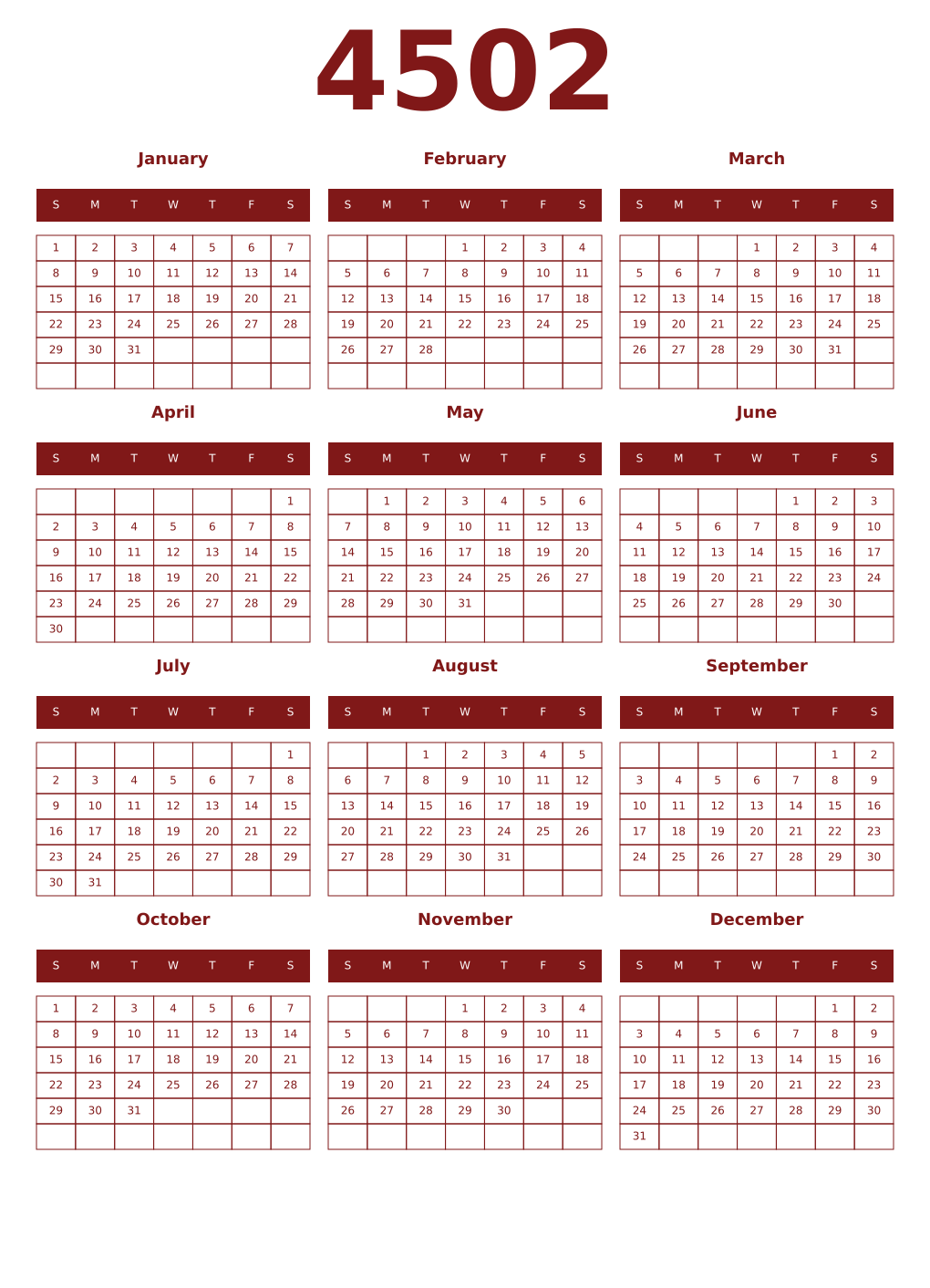 Printable 4502 Year Calendars falu