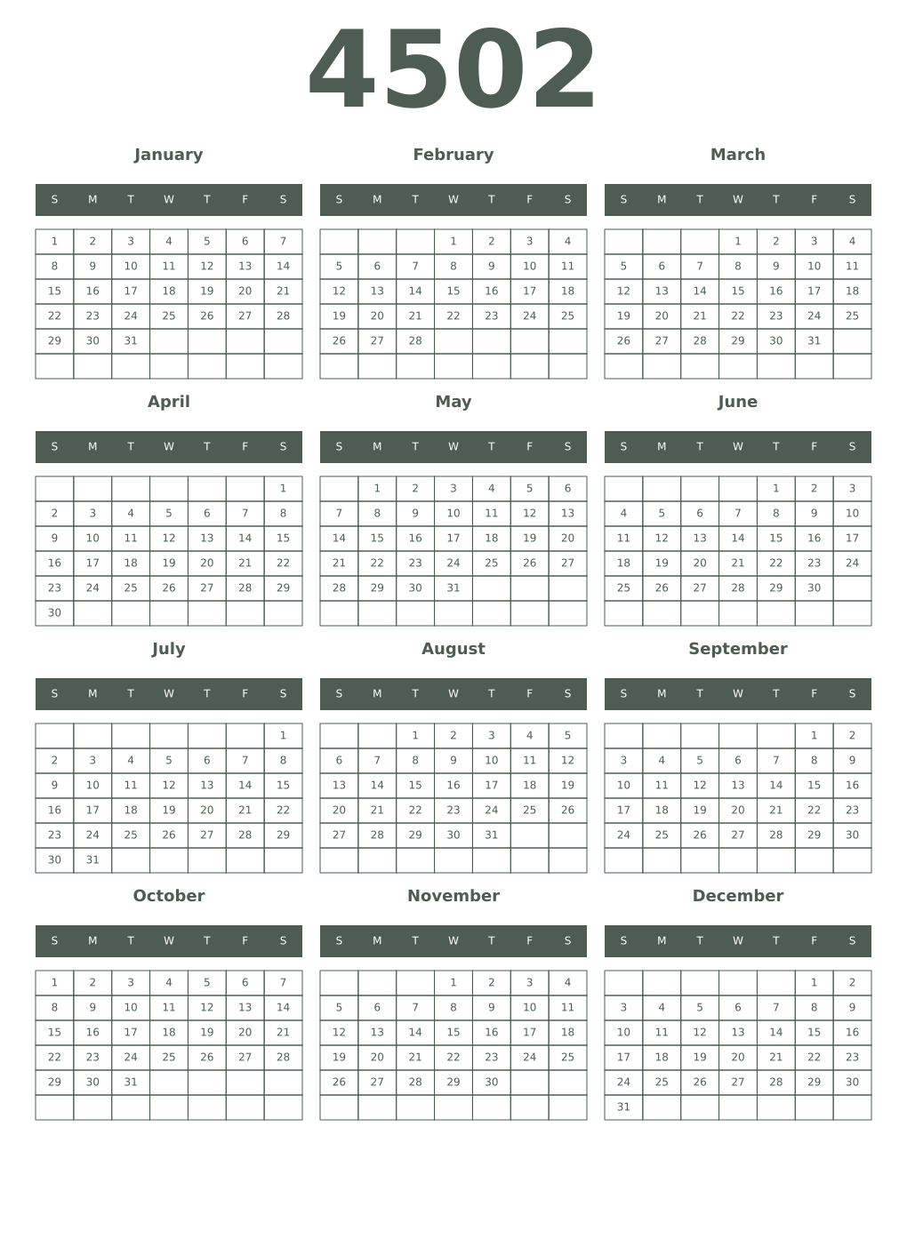 Printable 4502 Year Calendars feldgrau