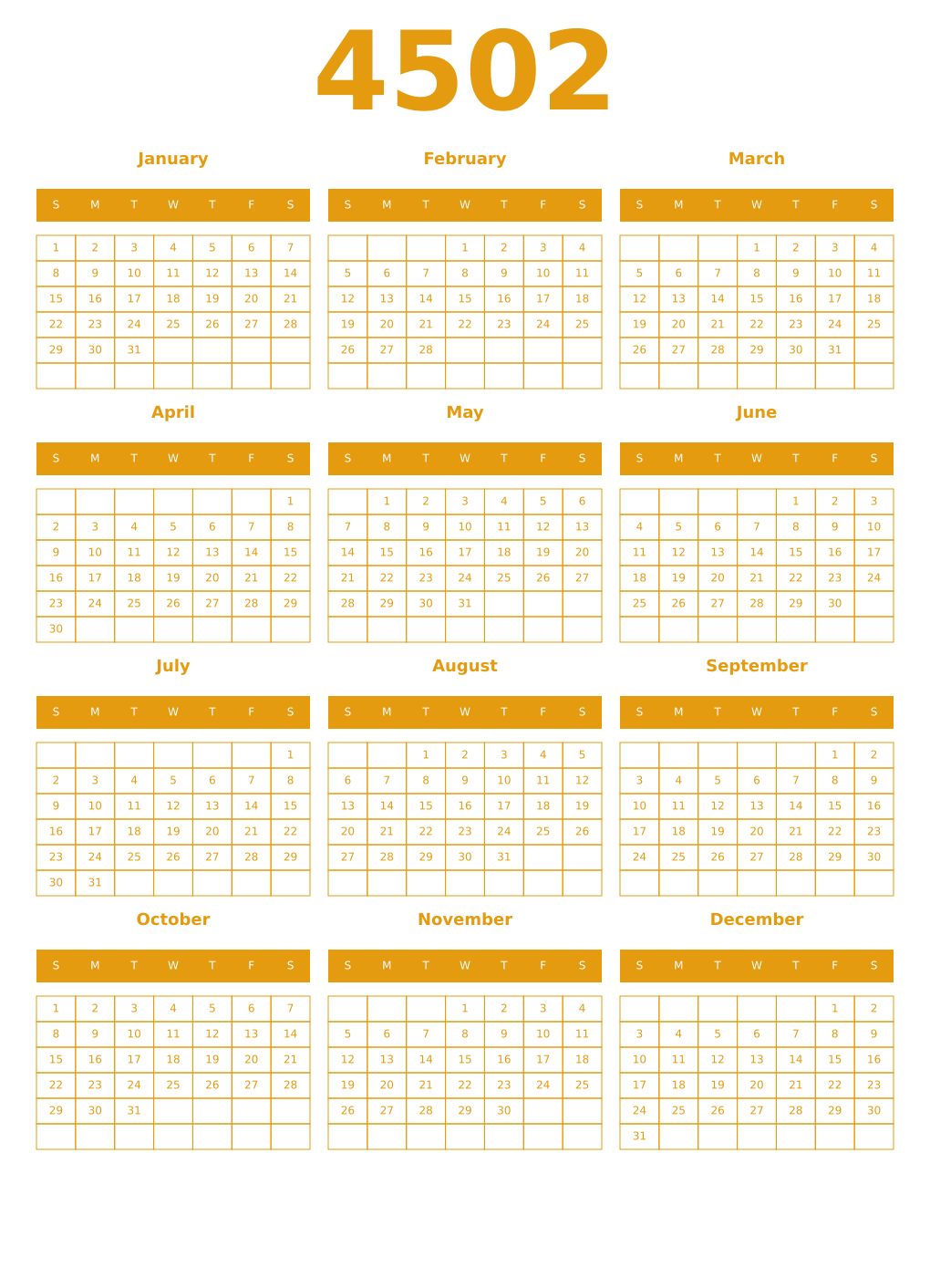 Printable 4502 Year Calendars gamboge