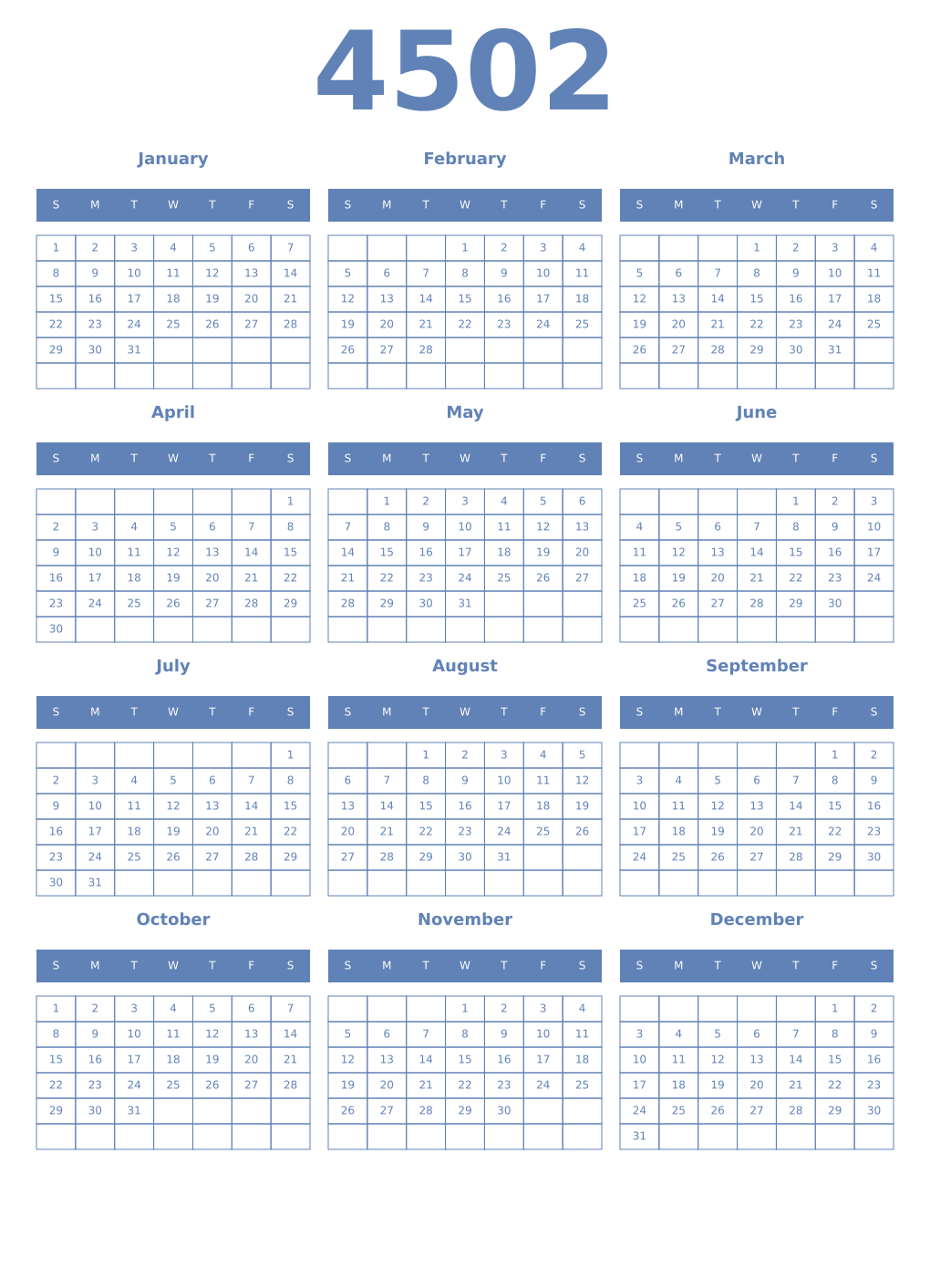 Printable 4502 Year Calendars glaucous