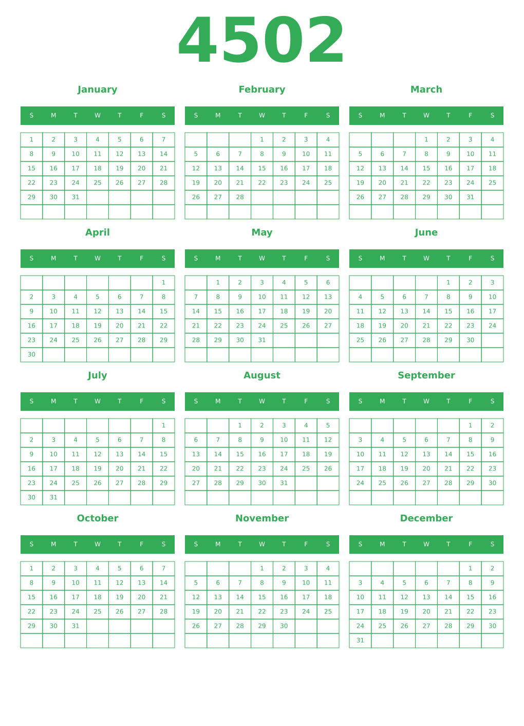 Printable 4502 Year Calendars green