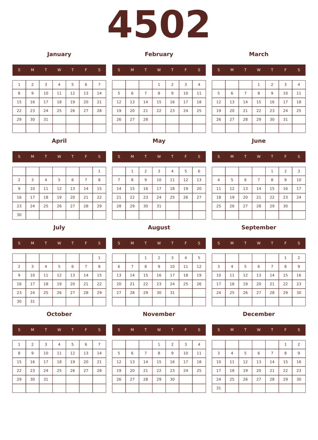 Printable 4502 Year Calendars mortuum