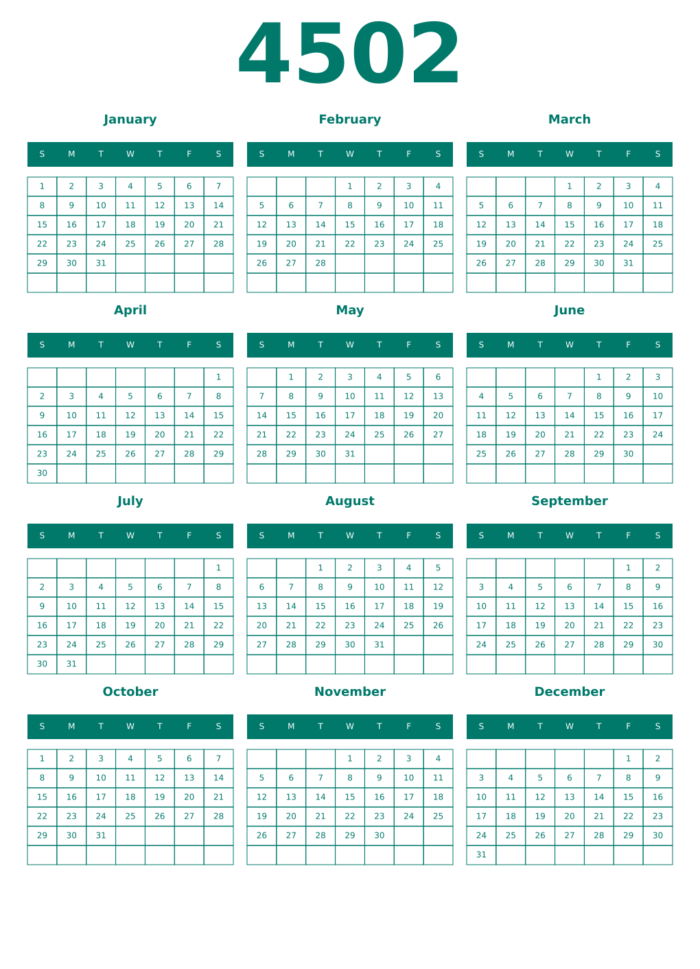 Printable 4502 Year Calendars pastel