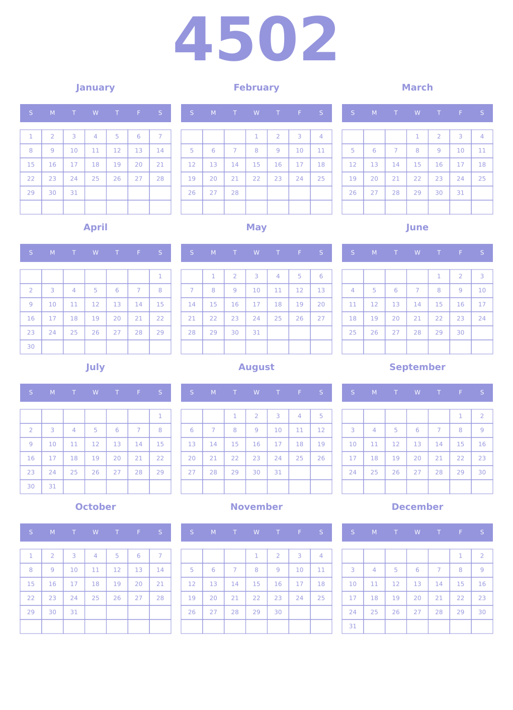 Printable 4502 Year Calendars periwinkle