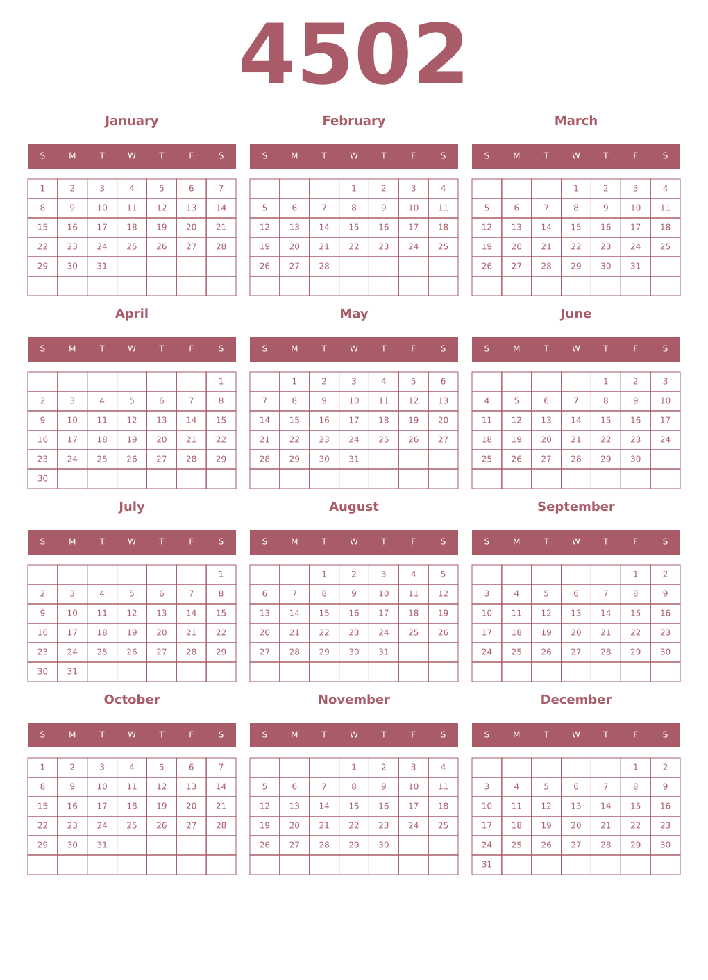 Printable 4502 Year Calendars puce