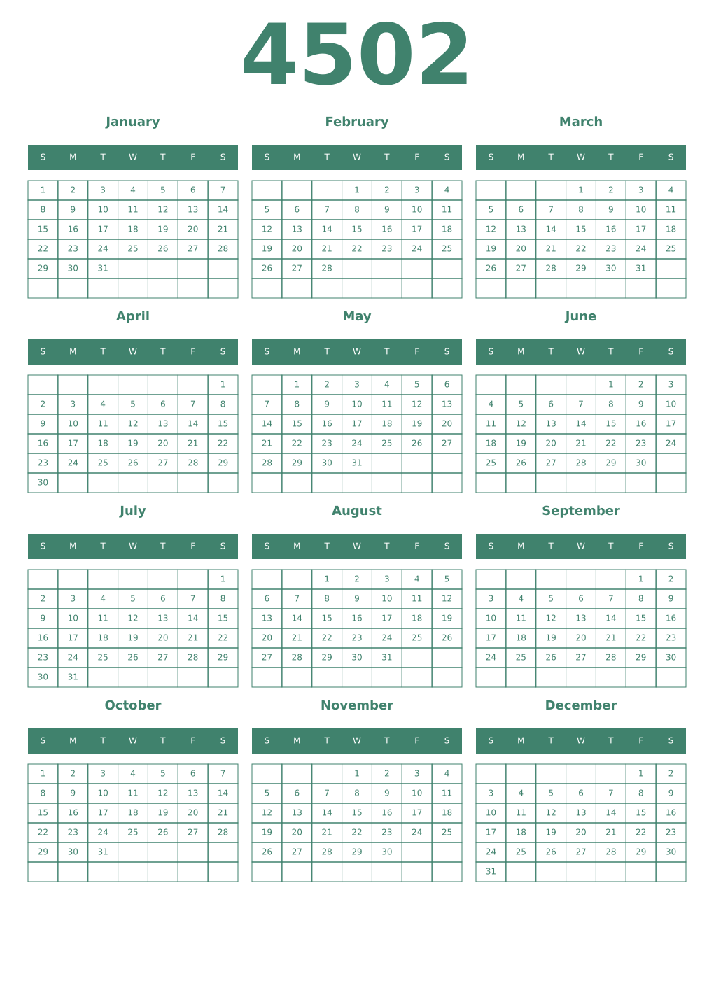 Printable 4502 Year Calendars viridian