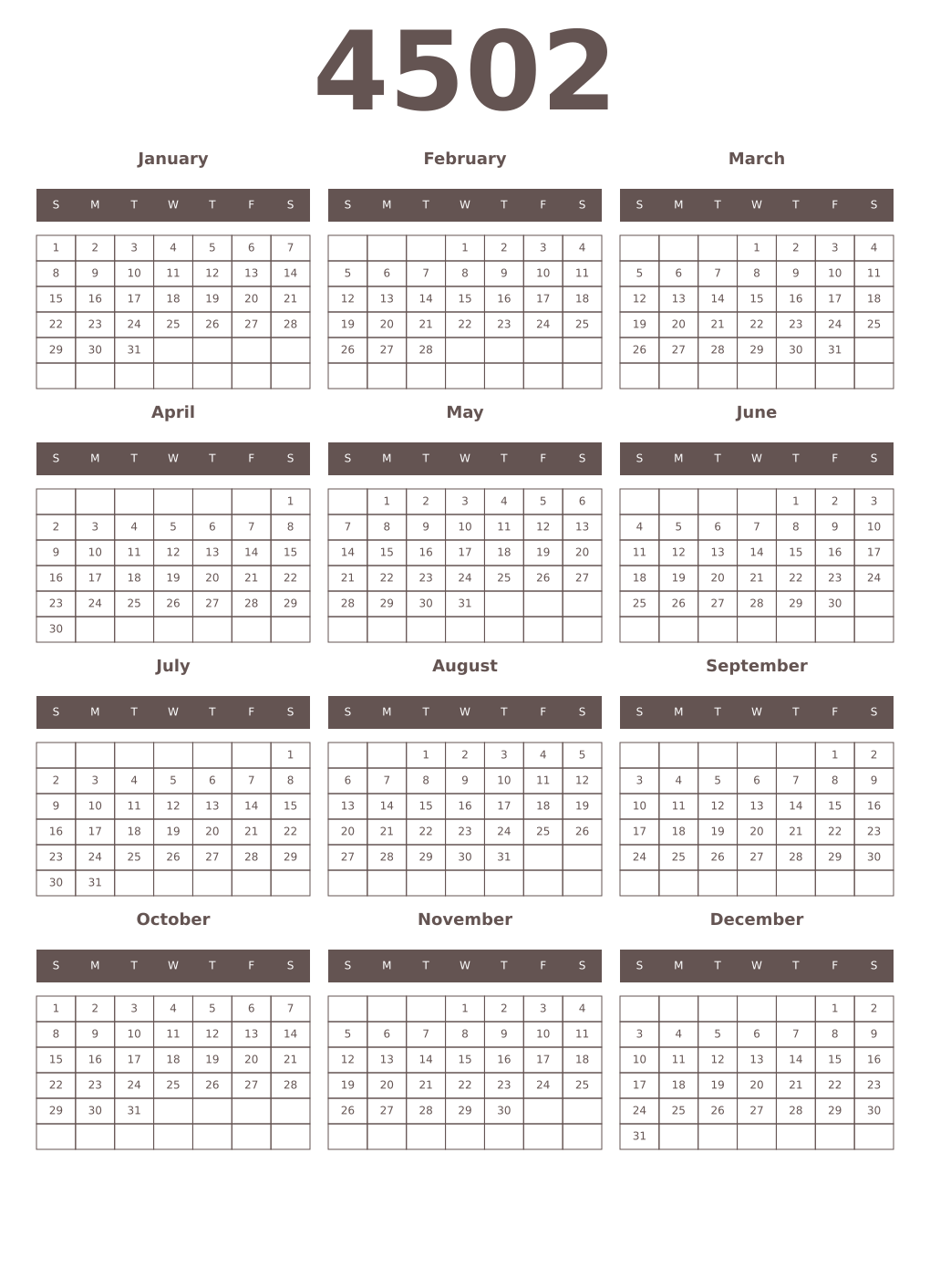 Printable 4502 Year Calendars wenge