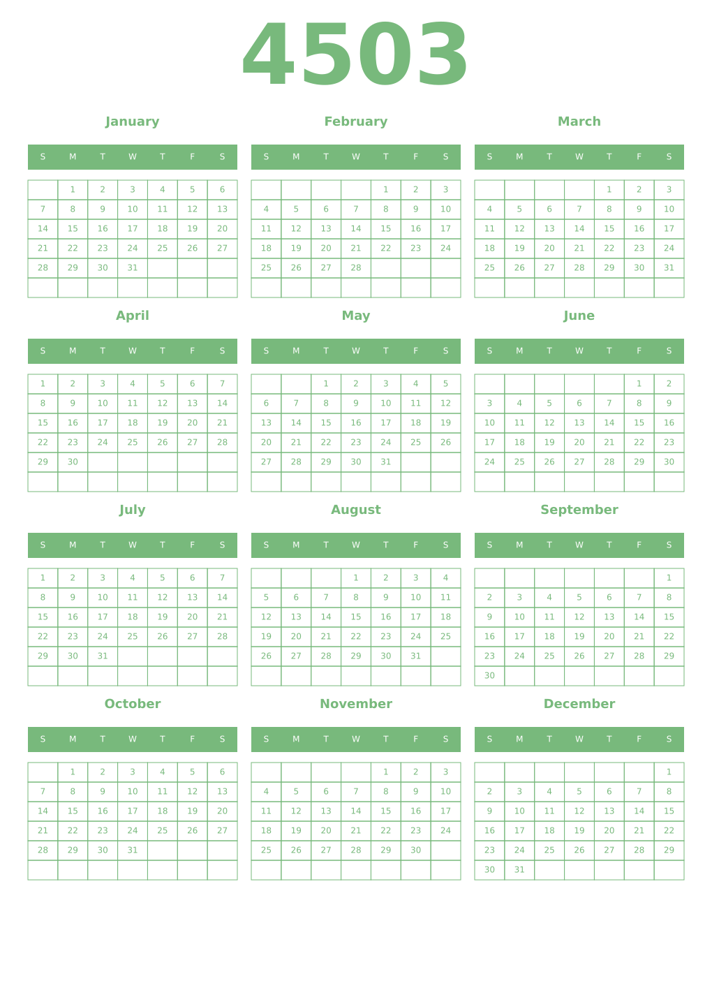 Printable 4503 Year Calendars celadon