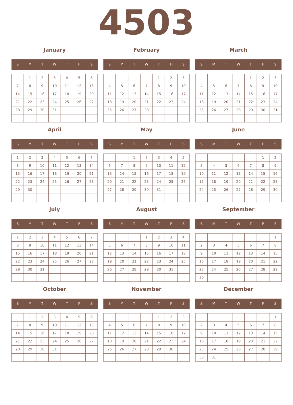 Printable 4503 Year Calendars coffe