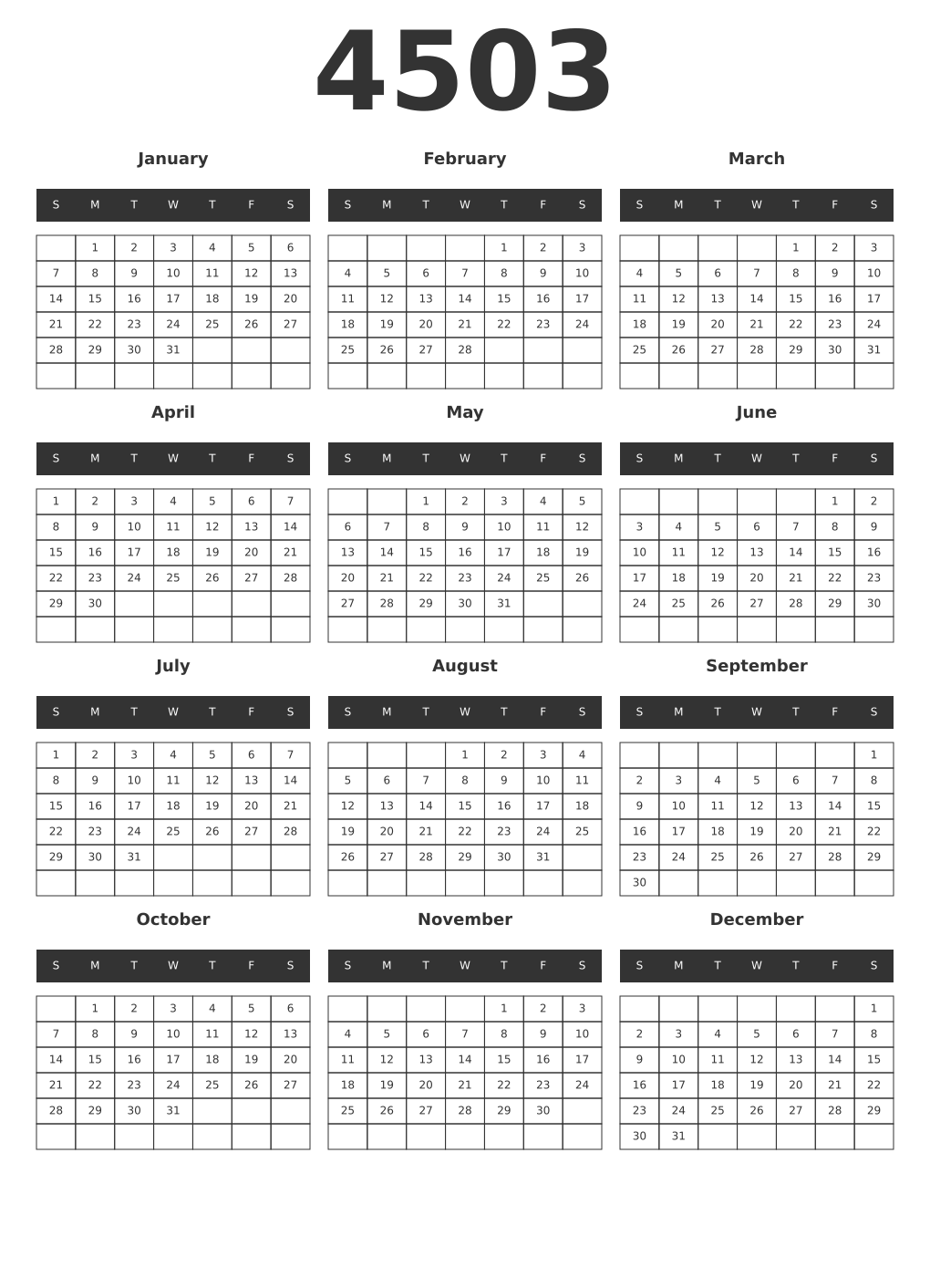 Printable 4503 Year Calendars dark