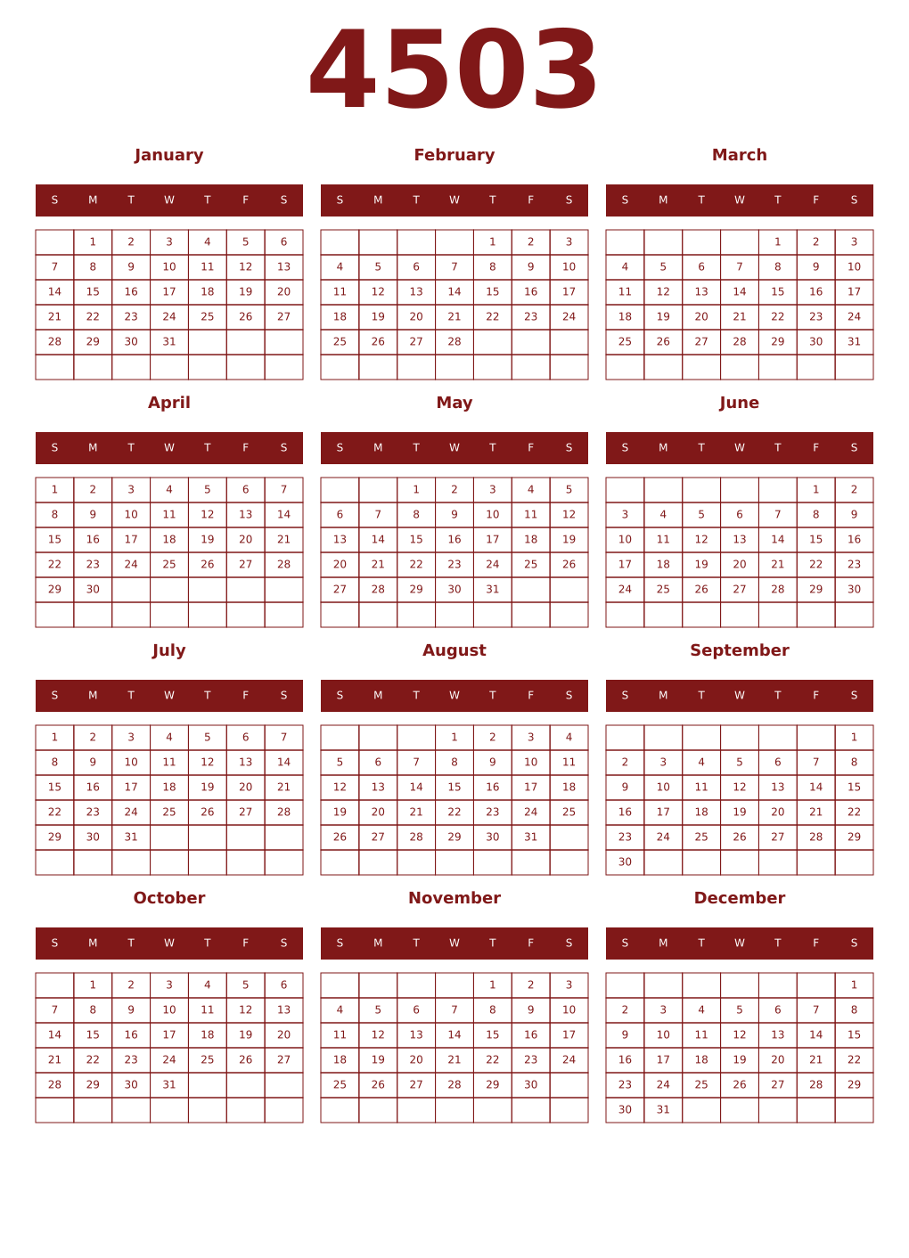 Printable 4503 Year Calendars falu