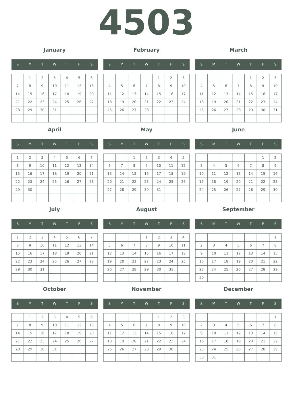 Printable 4503 Year Calendars feldgrau