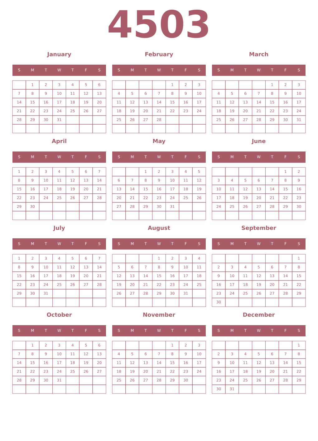 Printable 4503 Year Calendars puce
