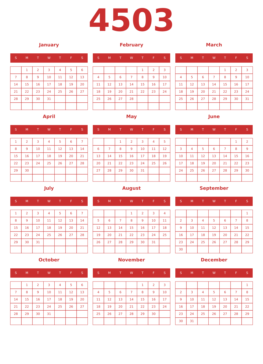 Printable 4503 Year Calendars red