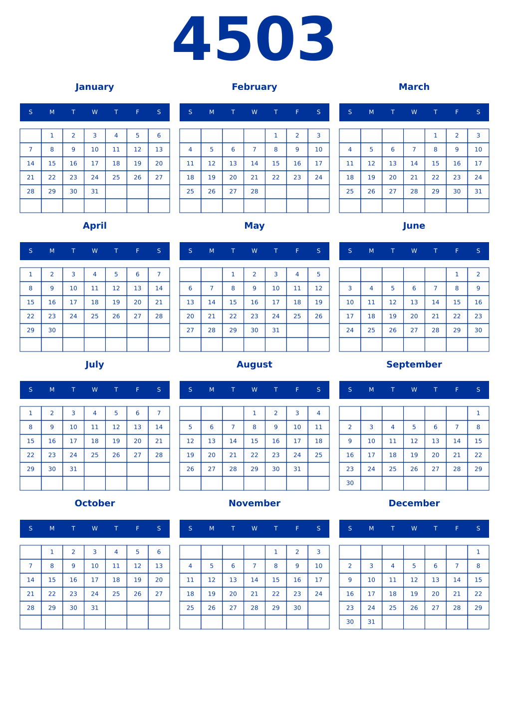 Printable 4503 Year Calendars smalt