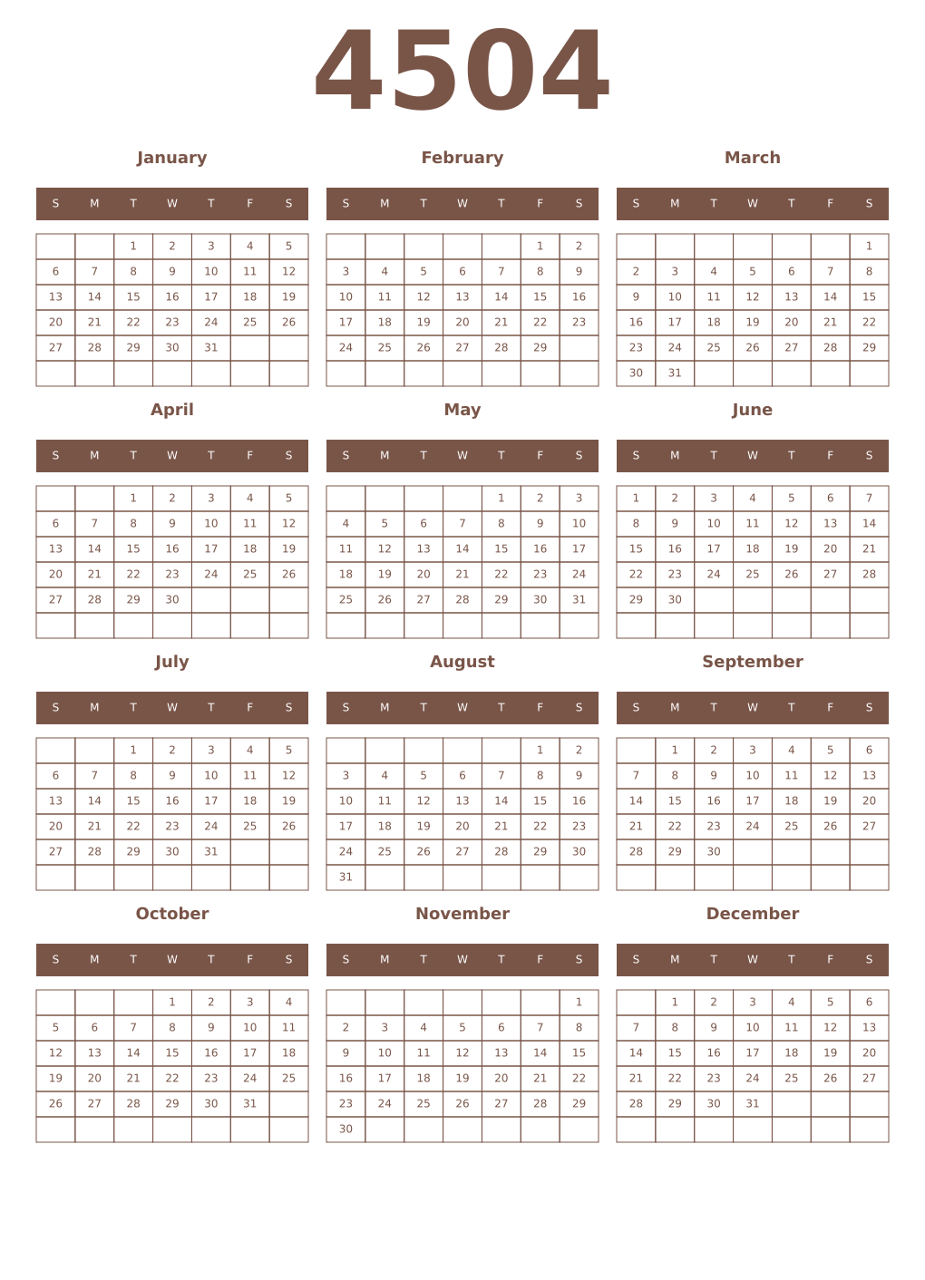 Printable 4504 Year Calendars coffe