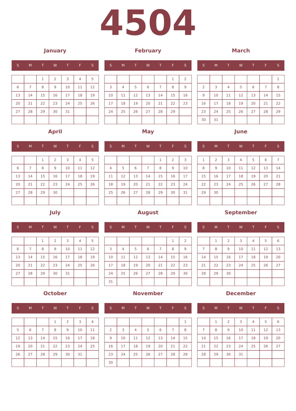 Printable 4504 Year Calendars cordovan