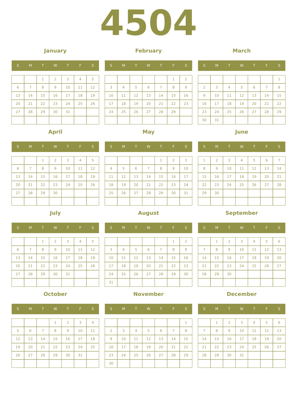 Printable 4504 Year Calendars eburnean