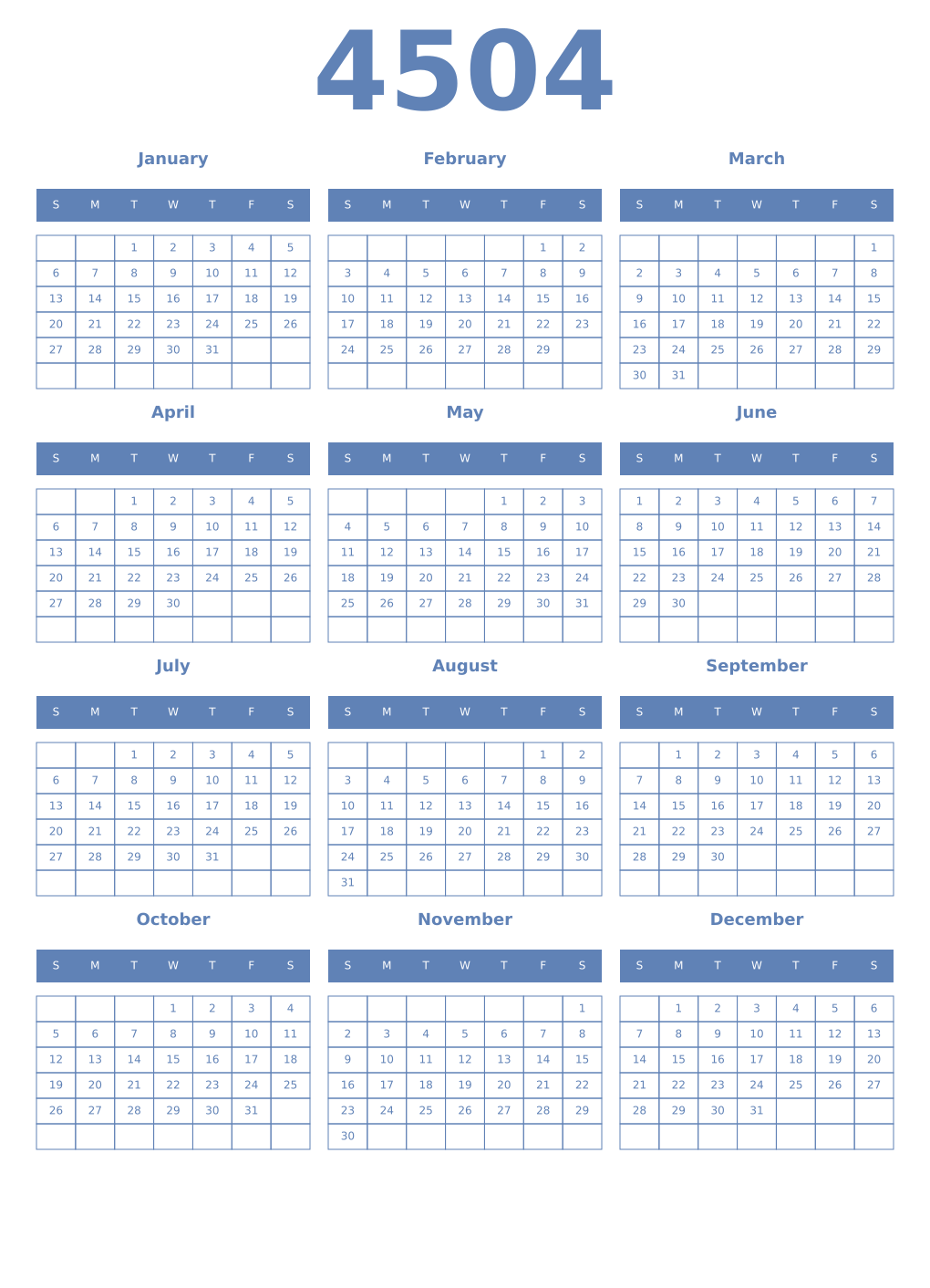 Printable 4504 Year Calendars glaucous