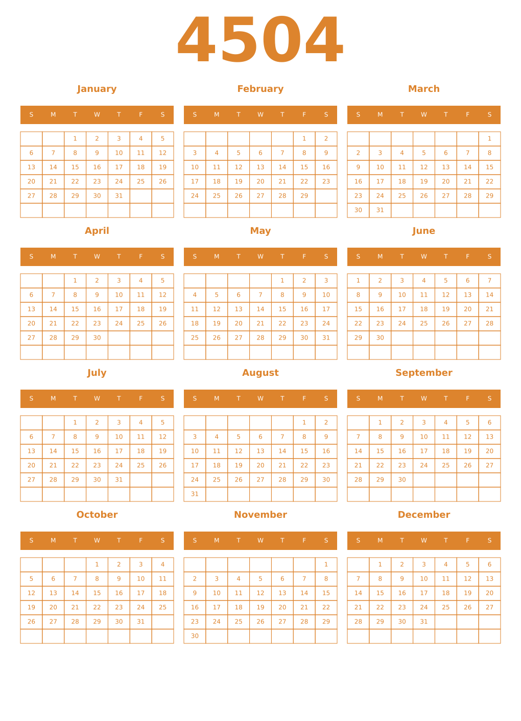 Printable 4504 Year Calendars orange