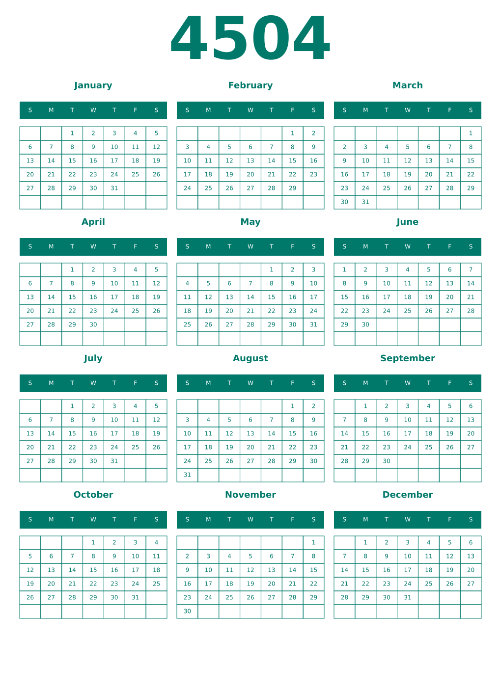 Printable 4504 Year Calendars pastel