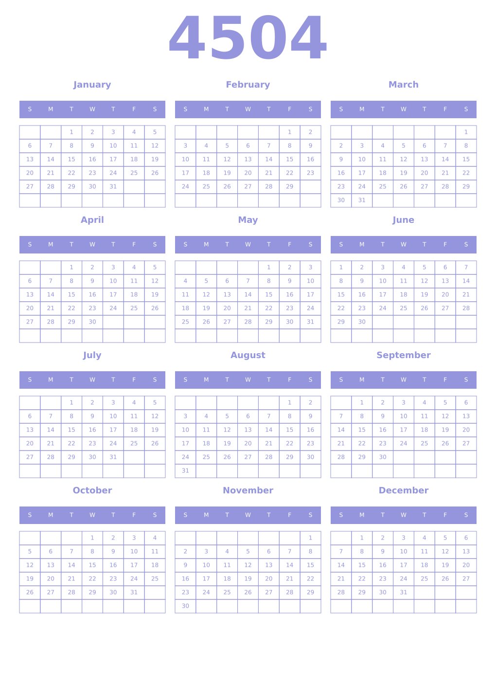 Printable 4504 Year Calendars periwinkle