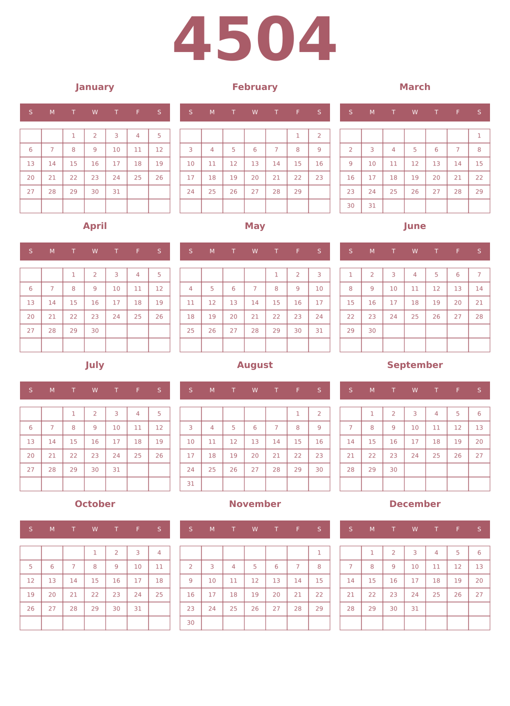 Printable 4504 Year Calendars puce