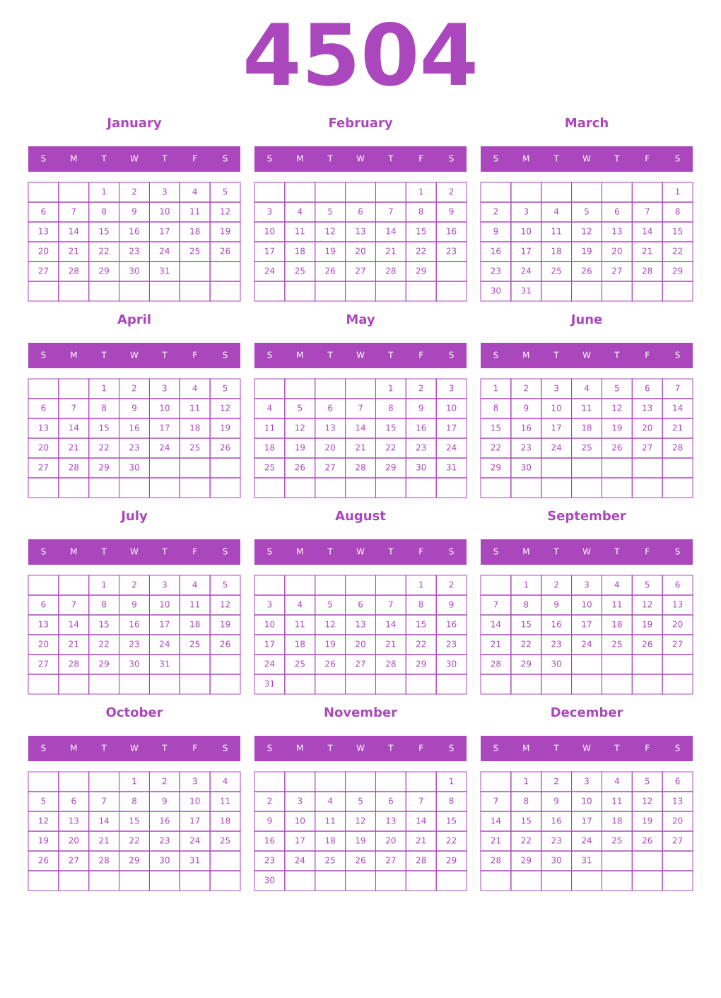 Printable 4504 Year Calendars purple