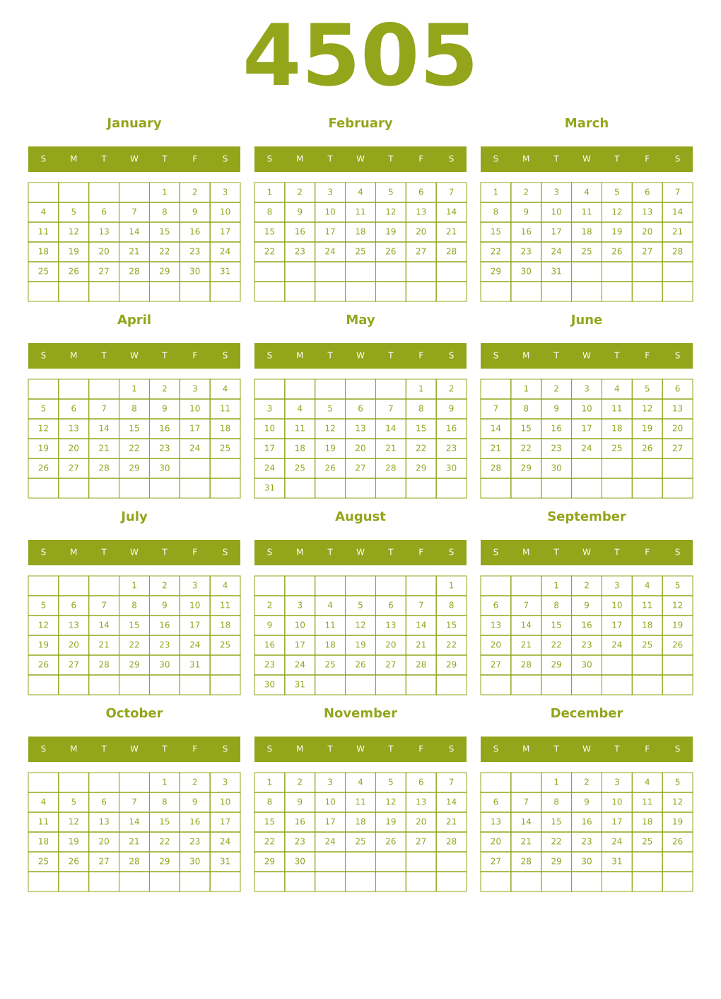 Printable 4505 Year Calendars chartreuse