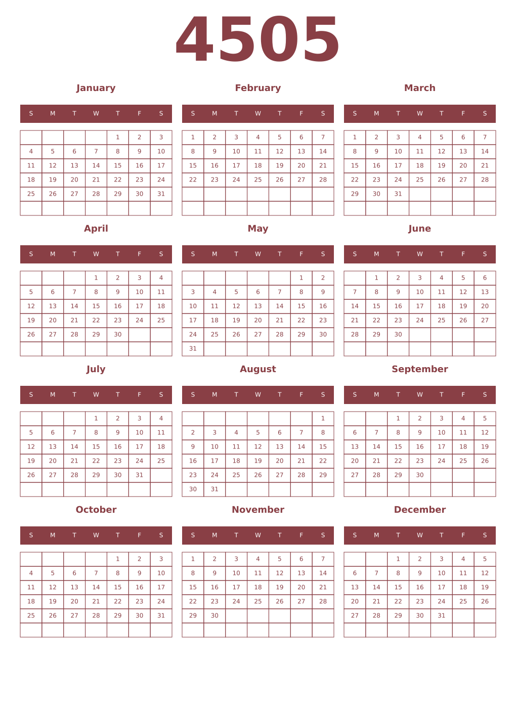 Printable 4505 Year Calendars cordovan