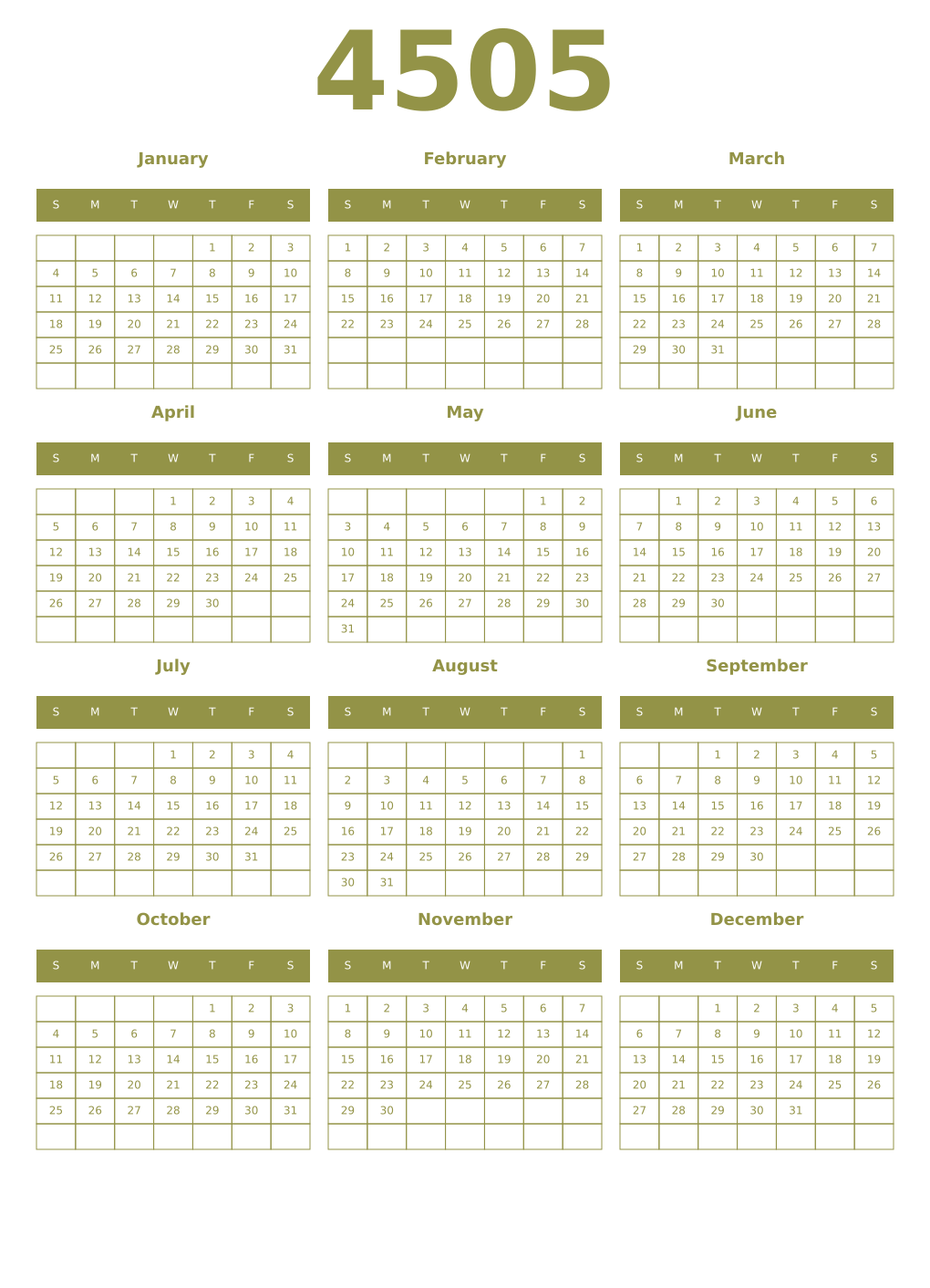 Printable 4505 Year Calendars eburnean