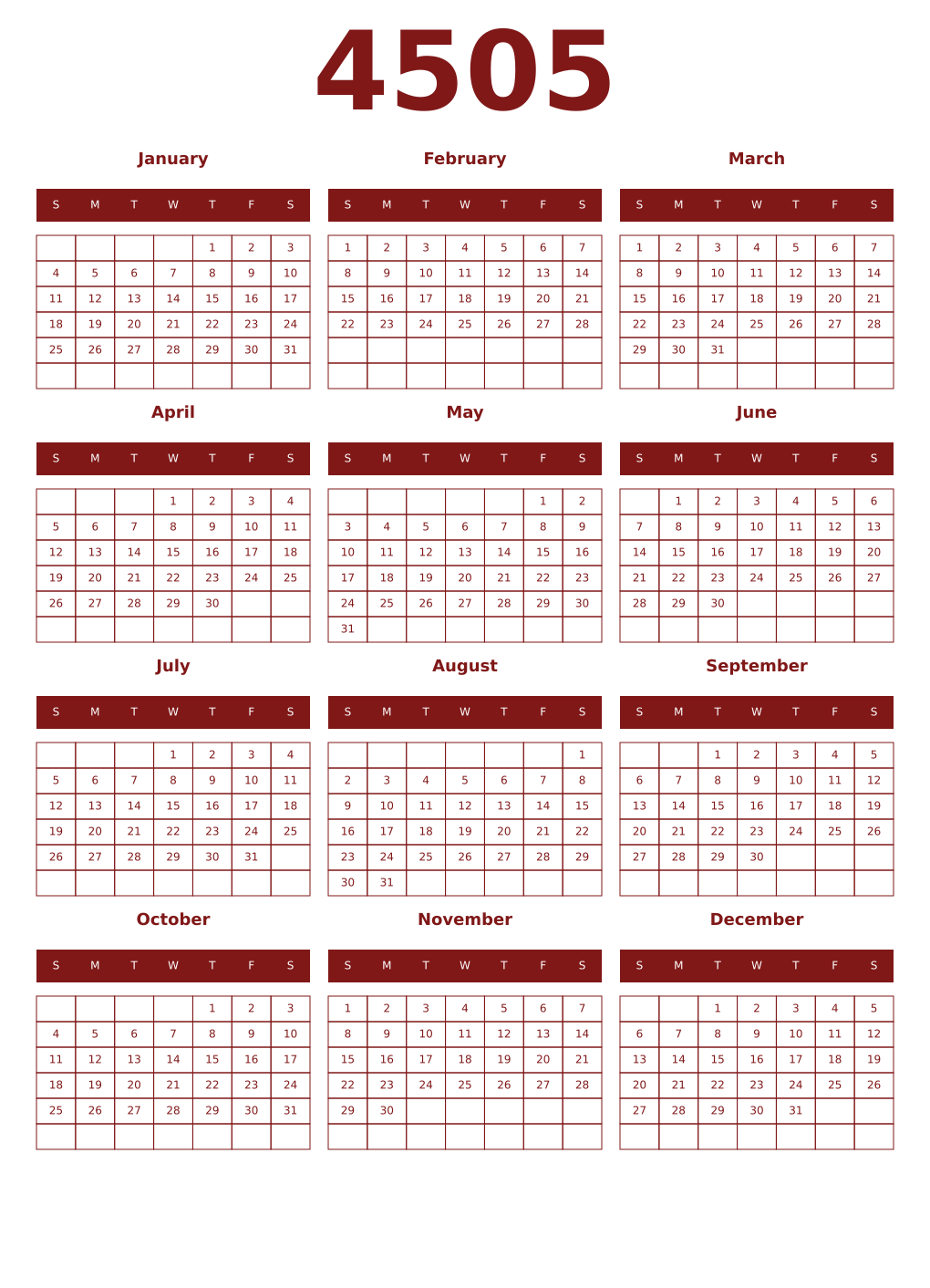 Printable 4505 Year Calendars falu
