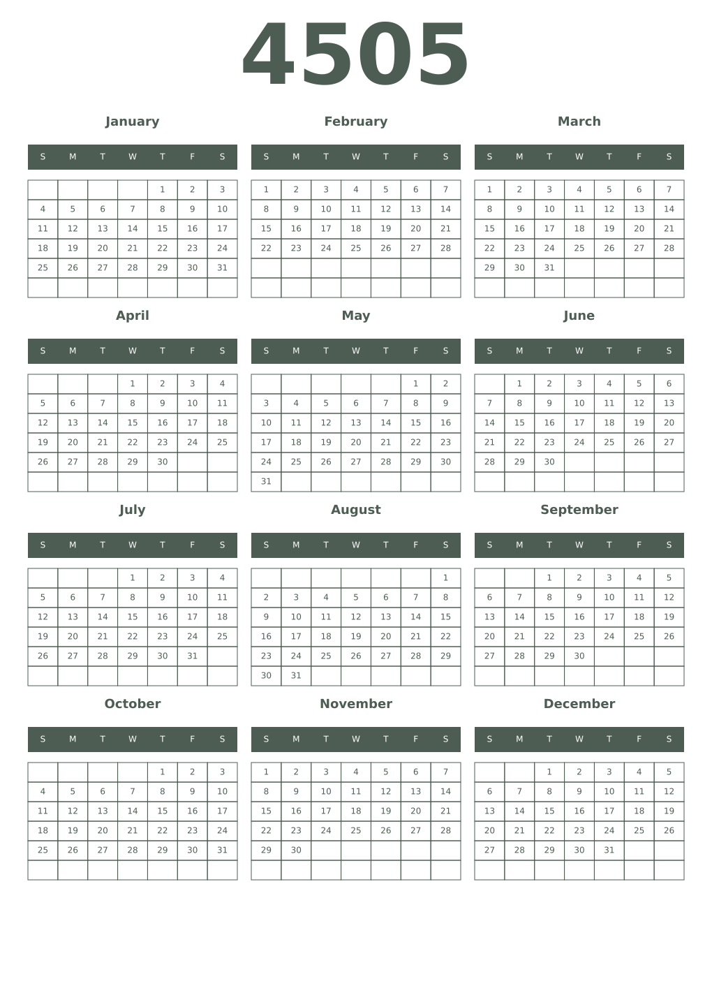 Printable 4505 Year Calendars feldgrau