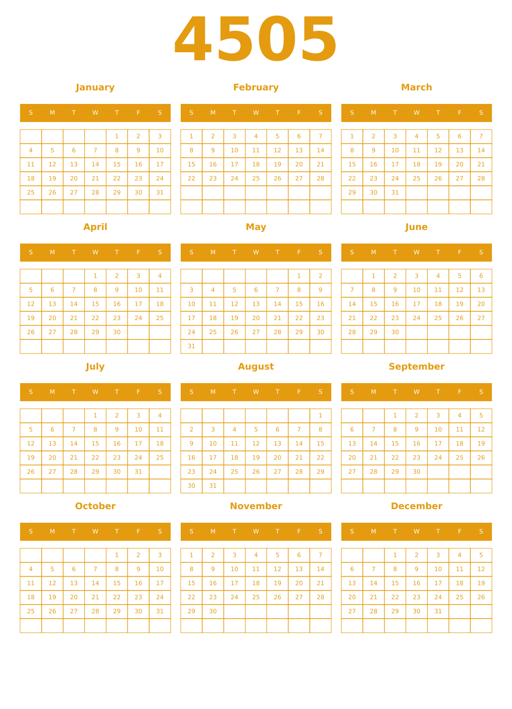 Printable 4505 Year Calendars gamboge