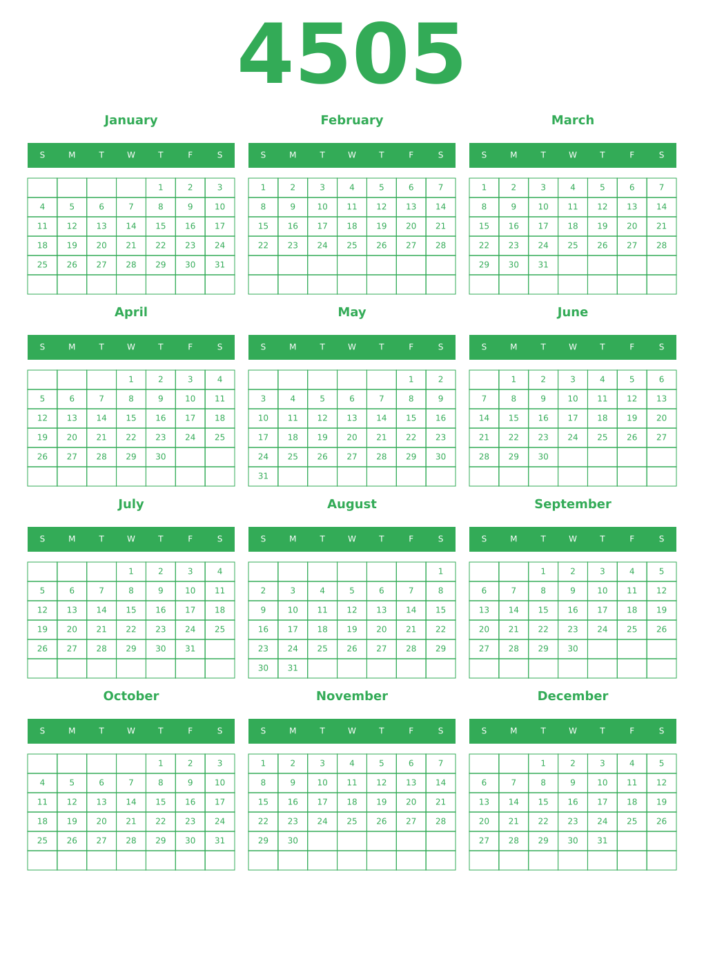 Printable 4505 Year Calendars green